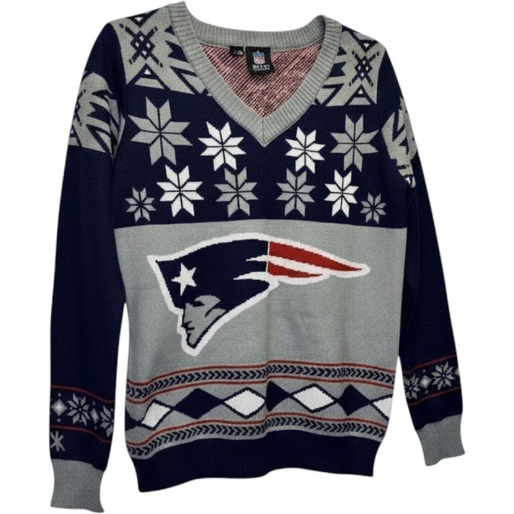New England Patriots Women's Ugly Christmas Sweater V-Neck Snowflake NFL Size‎ L